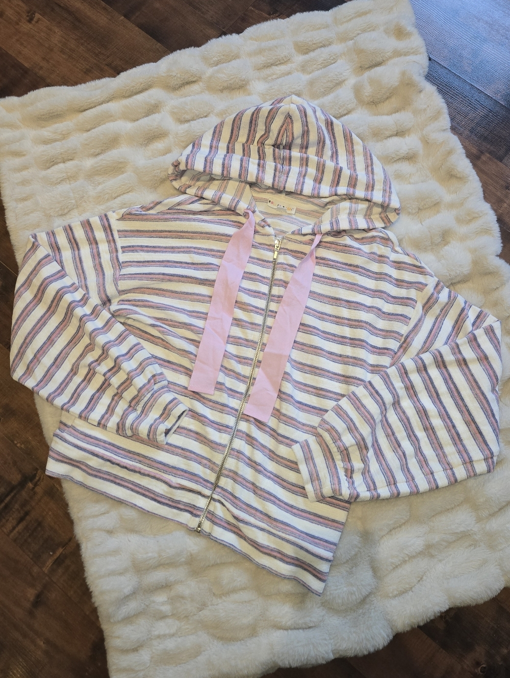 Roller Rabbit Terrycloth Hoodie [Small] White Pink Stripe Preppy Coastal Beach